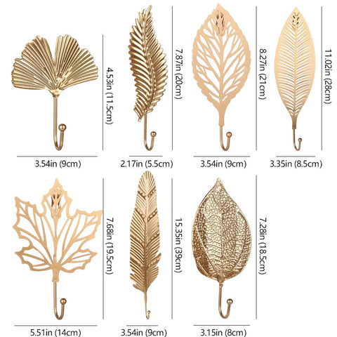 golden metal leaf shaped wall key hook